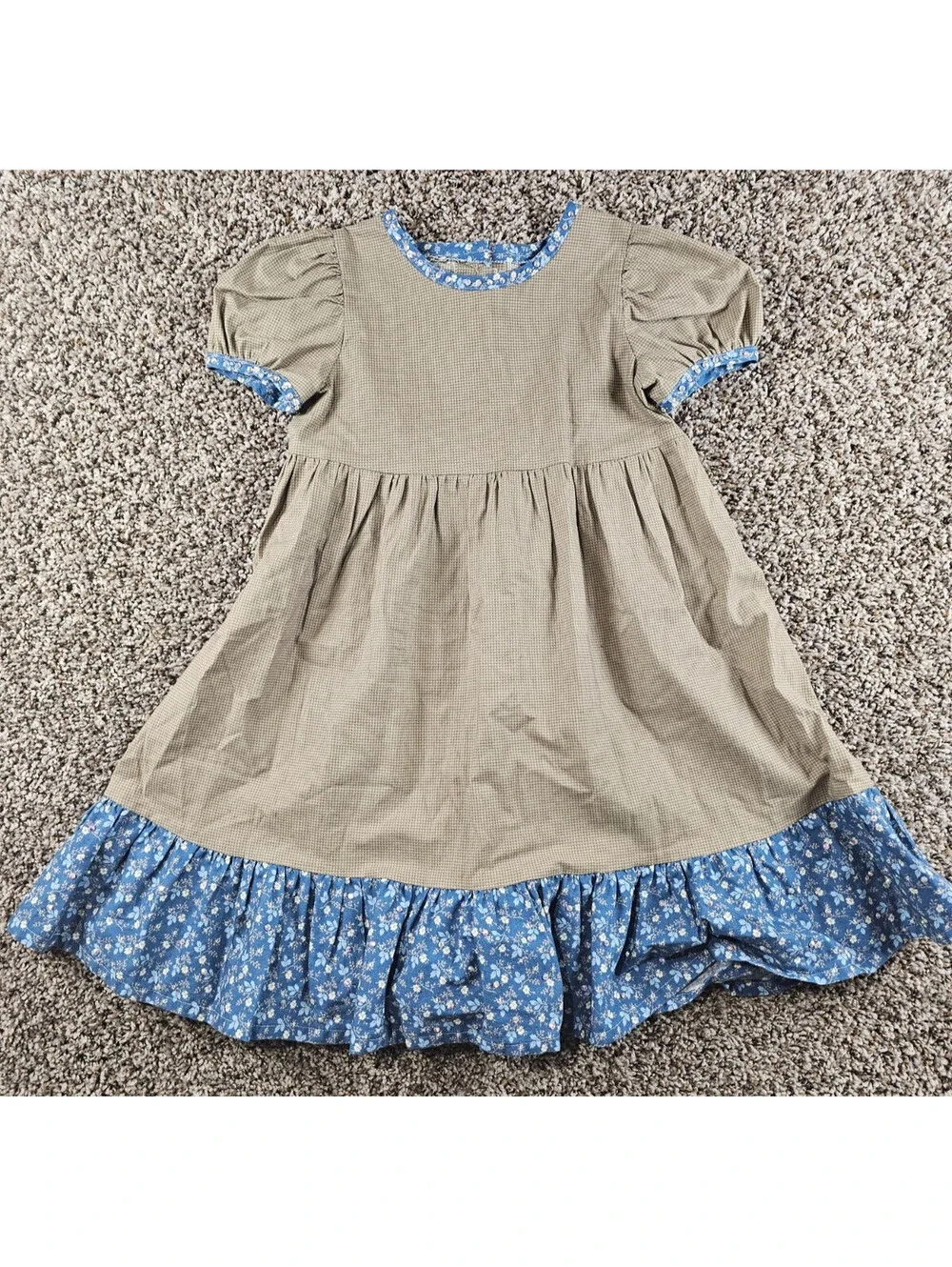Vintage 1960s Girls Sz 6 Short Sleeve A Line Dress Beige Blue Trim Cottagecore